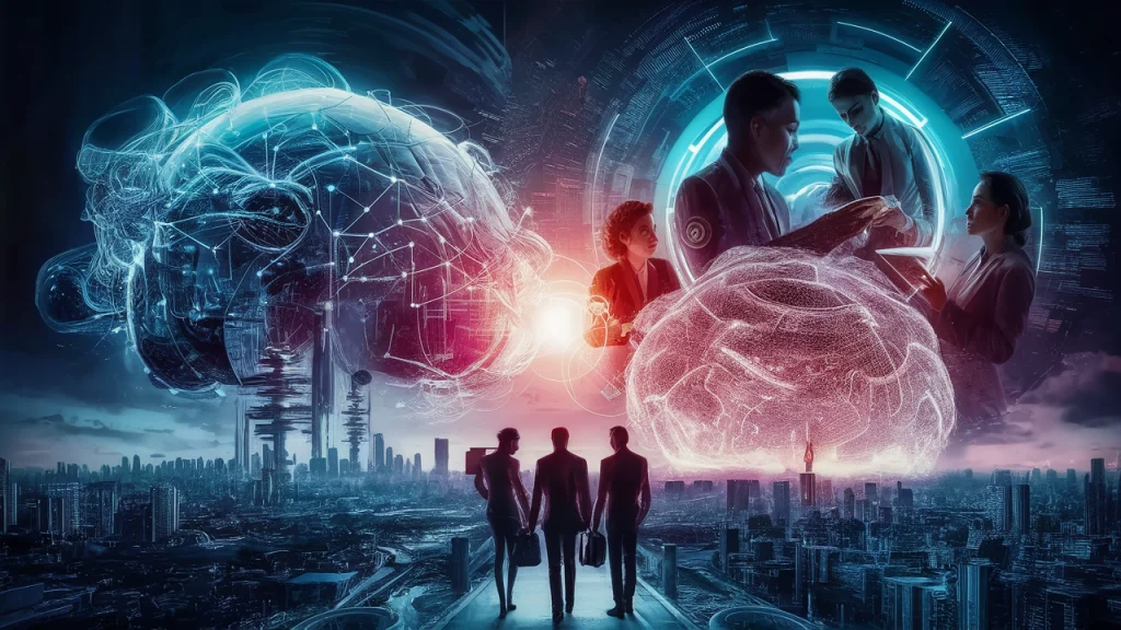 a group of people standing in front of a large brain