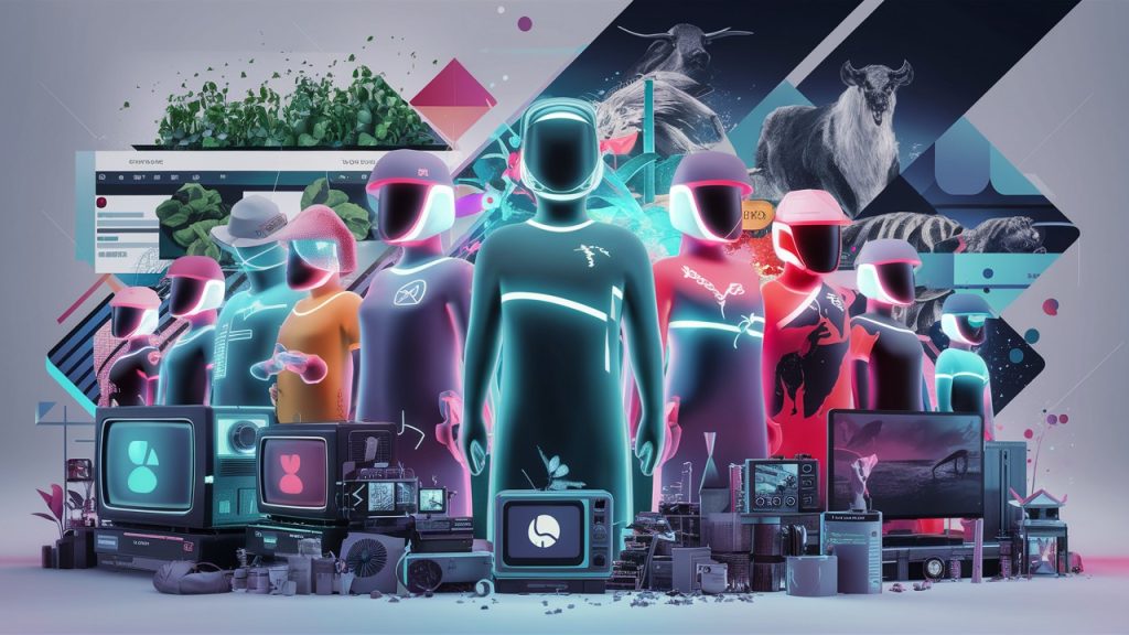 A futuristic digital illustration of a group of customers who cannot be reached through digital channels, such as social media and online advertising. Traditional methods of communication like TV, broadcasting, and print remain essential for certain products and services, like agriculture, horticulture, and wildlife. The background includes various graphic elements representing the mentioned industries, and the overall theme is modern and eye-catching., 3d render