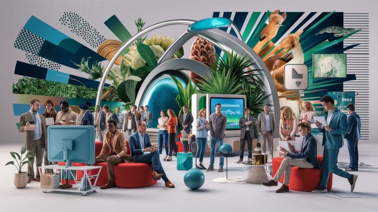 A futuristic digital illustration of a group of customers who cannot be reached through digital channels, such as social media and online advertising. Traditional methods of communication like TV, broadcasting, and print remain essential for certain products and services, like agriculture, horticulture, and wildlife. The background includes various graphic elements representing the mentioned industries, and the overall theme is modern and eye-catching., 3d render