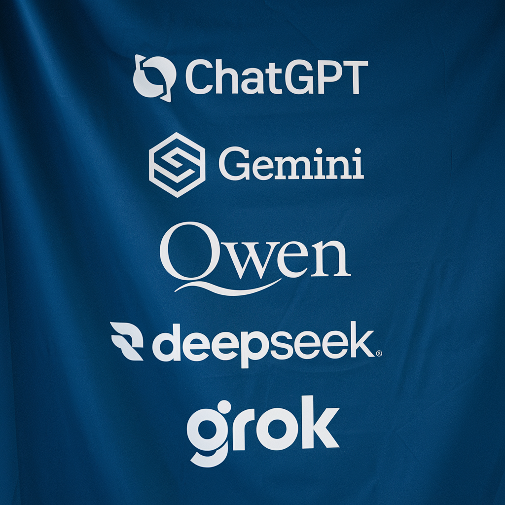backdrop โทนสีน้ำเงิน ที่มีรูป Logo ของ ChatGPT, Gemini, Qwen, Deepseek และ Grok อยู่ใน backdrop